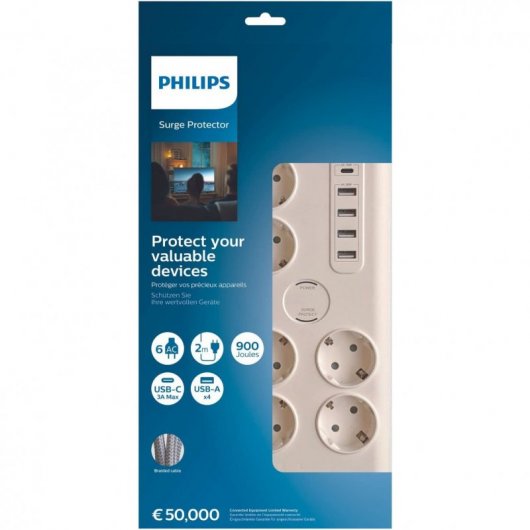 Philips SPN7060WA/10 Multipresa con Protezione 6 Prese Schuko + 5 USB 2m