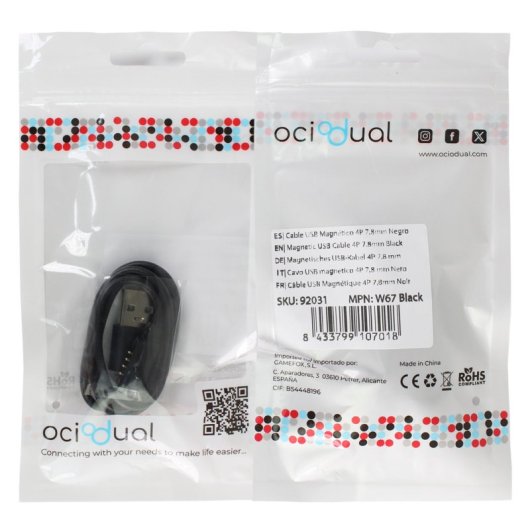 OcioDual Cable de Carga/Datos Magnética USB 2.0 4 Pines 7mm para Smartwatch Negro