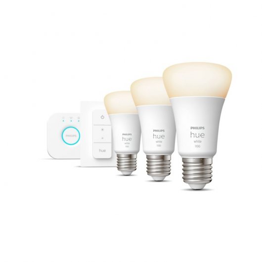 Philips Hue White Kit de Inicio 3 Bombillas LED Inteligente E27 9.5W Luz Blanca Cálida + Hue Bridge + Interruptor Reacon