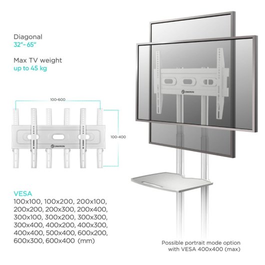 Onkron TS1351-WHT Meuble TV avec roulettes 32"-65" VESA 600x400 Max 50Kg