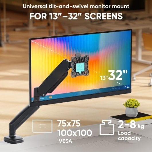 ONKRON Brazo Monitor 13-32" Carga 2-8kg, VESA 75x75-100x100 mm, Soporte Monitor Escritorio Regulable en Altura, Negro