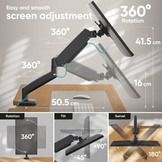 ONKRON Brazo Monitor 13-32" Carga 2-8kg, VESA 75x75-100x100 mm, Soporte Monitor Escritorio Regulable en Altura, Negro