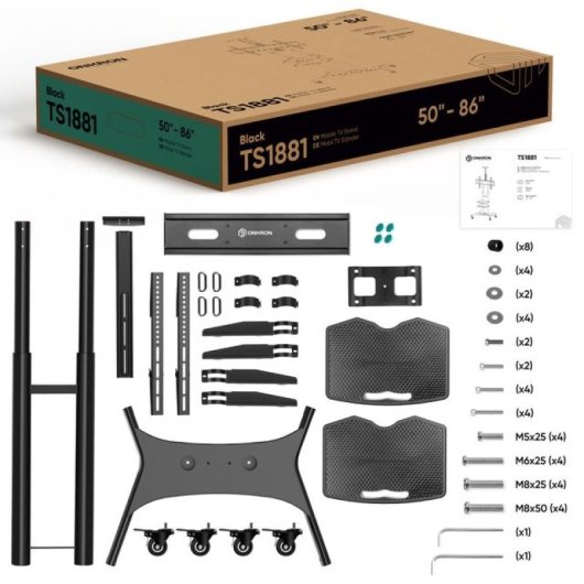 Onkron TS1881 Support de sol mobile pour TV 50"-86" VESA 800x500 Max 90Kg