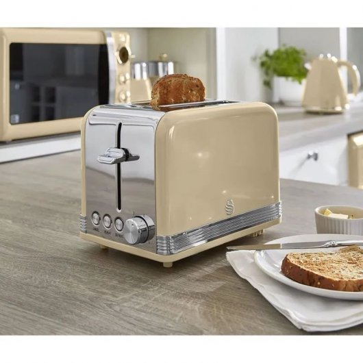 Swan Retro STRP2070CNEU Set Desayuno Hervidor Agua + Tostadora + Microondas 800W Crema
