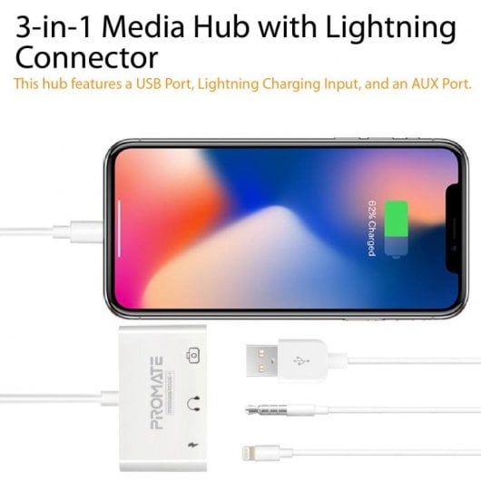 Promate MediaBridge-i Adaptador Lightning a USB 2.0/Jack 3.5 Blanco