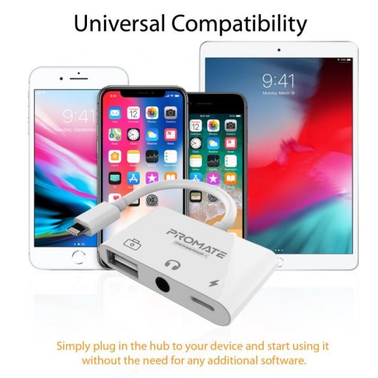 Promate MediaBridge-i Adaptador Lightning a USB 2.0/Jack 3.5 Blanco