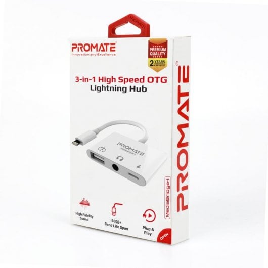 Promate MediaBridge-i Adaptador Lightning a USB 2.0/Jack 3.5 Blanco