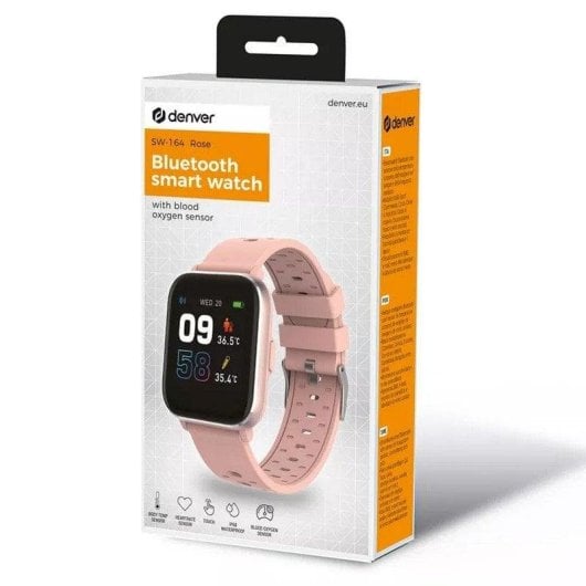 Denver SW-164 Bluetooth 38mm IPS Boîtier Rose Bracelet Noir Taille Unique IP68 SpO2 Pulsomètre