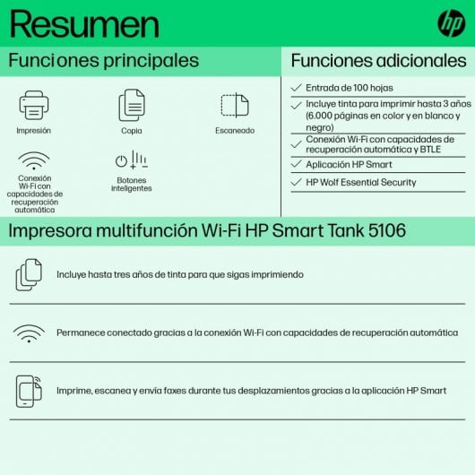 HP Smart Tank Stampante multifunzione 5106, Colore, Stampante per Abitazioni e piccoli uffici, Stampa, copia, scansione, wireless; Serbatoio stampante (tank) per grandi volumi di documenti; stampa da smartphone o tablet; Scansione su PDF