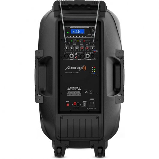 Audibax Denver 15 Malibu  Altavoz Activo PA con Ruedas, Efectos LED y 2 Micrófonos Inalámbricos 15” 250W Negro