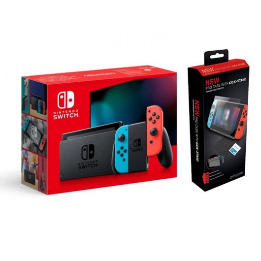 Nintendo Switch Azul Neón/Rojo Neón + Gioteck NSW Pro Case Funda Stand Magnética + Cristal Templado