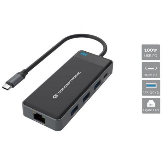 Conceptronic DONN14G Docking Station 7 em 1 USB-C 3.2 Gen1 para HDMI/USB-C PD 100W/USB-A/RJ-45 Gigabit