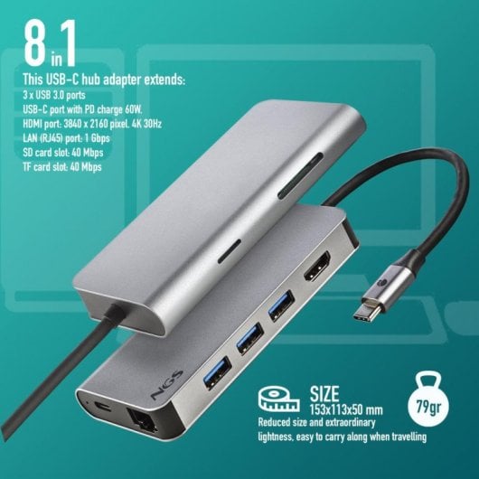 NGS WONDER DOCK 8 USB 2.0 Type-C 1024 Mbit/s Argent