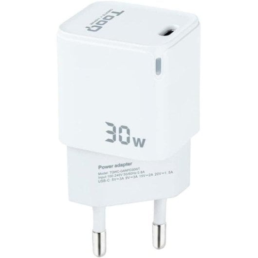 Chargeur mural TooQ TQWC-GANPD30WT USB-C 30W GaN blanc compact