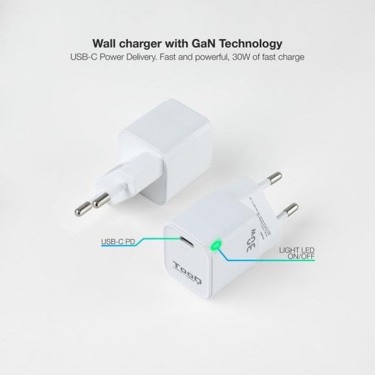 Chargeur mural TooQ TQWC-GANPD30WT USB-C 30W GaN blanc compact