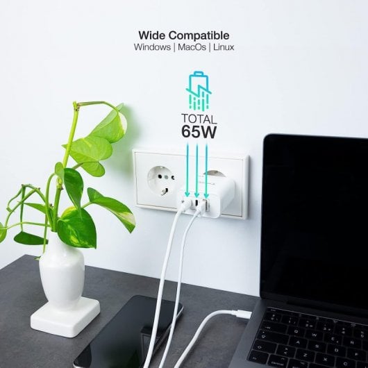 TooQ TQWC-GANQC2PD65WT Caricatore da muro 2xUSB-C/USB 2.0 65W Bianco
