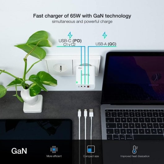 TooQ TQWC-GANQC2PD65WT Caricatore da muro 2xUSB-C/USB 2.0 65W Bianco