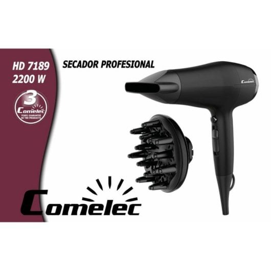 Secador de Cabelo Profissional Comelec HD 7189 2200W 2 Temperaturas 2 Velocidades com Difusor e Concentrador Preto