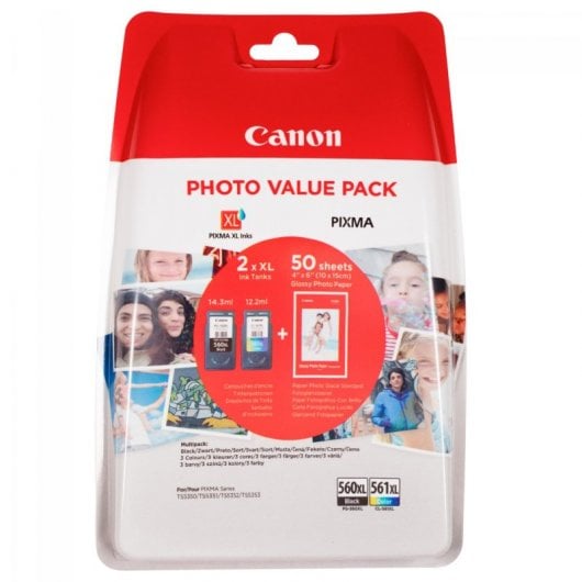 Cartucho de Tinta Original Canon PG-560XL +CL-561XL + 50 Hojas de Papel Fotográfico