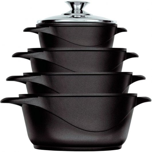 Briebe MGK-12 Batería de Cocina 8 Piezas Aluminio Fundido 4 Ollas 16/20/24/28cm + Tapas de Vidrio