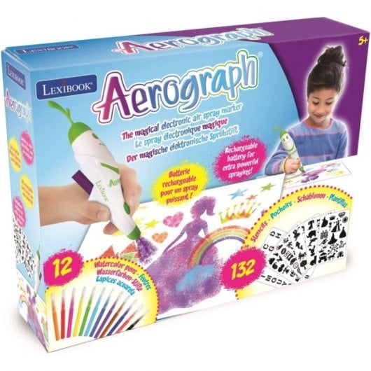 Lexibook Aerógrafo Porta Rotulador Electrónico Mágico con Spray Incluido Plantillas y 12 Rotuladores