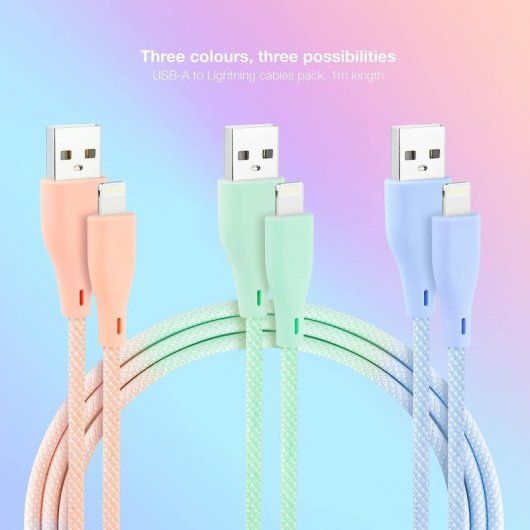 Nanocable Pack 3 Mesh-Kabel USB 2.0 auf Lightning Stecker/Stecker 1 m Rosa/Blau/Grün
