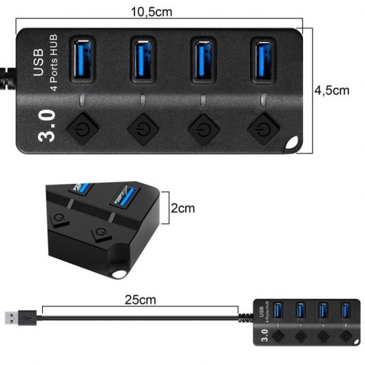 OcioDual Hub Adaptador 4x USB 3.0 com Botões On/Off Preto