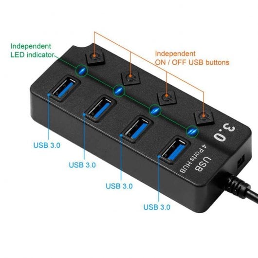 OcioDual Hub Adaptador 4x USB 3.0 com Botões On/Off Preto