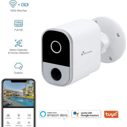 Nivian Caméra de Surveillance WiFi FullHD avec Batterie 5200mAh Blanc