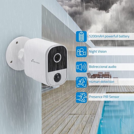 Nivian Caméra de Surveillance WiFi FullHD avec Batterie 5200mAh Blanc