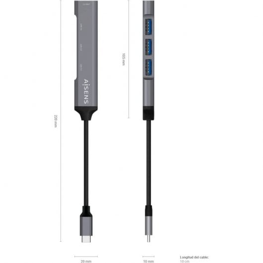Aisens Adaptador Hub USB 3.1 Tipo C a 4x USB 3.0 Gris