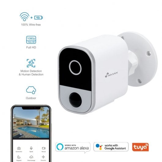 Nivian Cámara de Vigilancia WiFi FullHD con Batería de 5200mAh Blanca + Panel Solar 5V 3W