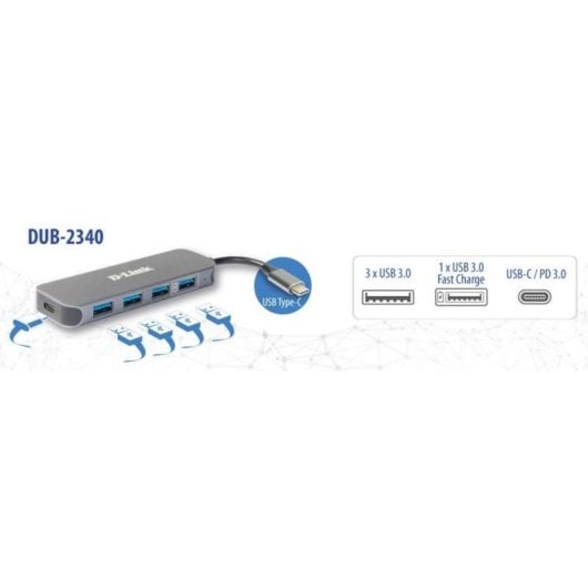 USB-Hub D-Link DUB-2340 USB-C 4xUSB 3.0 PD 60W Grau Aluminium