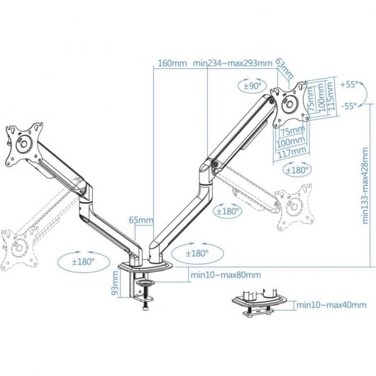 TooQ DB4132TNR-G Soporte de Mesa Giratorio/Inclinable para 2 Monitores 17"-32" VESA 100x100 Máx 9Kg