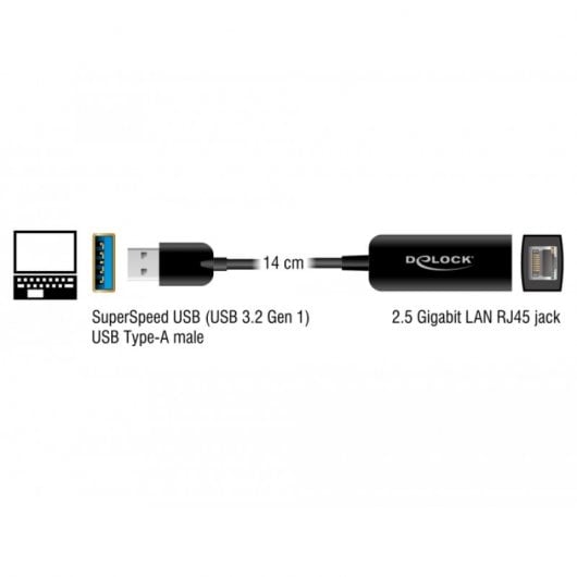 Delock Adattatore RJ45 da 2,5 Gbps a USB 3.1 maschio/femmina 16 cm Nero