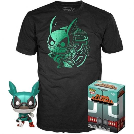 Funko Pop & Tee My Hero Academia Deku Primer Traje de Héroe con Casco + Camiseta Talla S