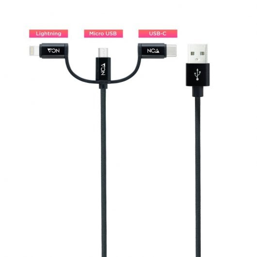 Nanocable Cable USB 3 en 1 Carga/Datos USB-A a USB-C/Micro USB/Lightning 1m Negro