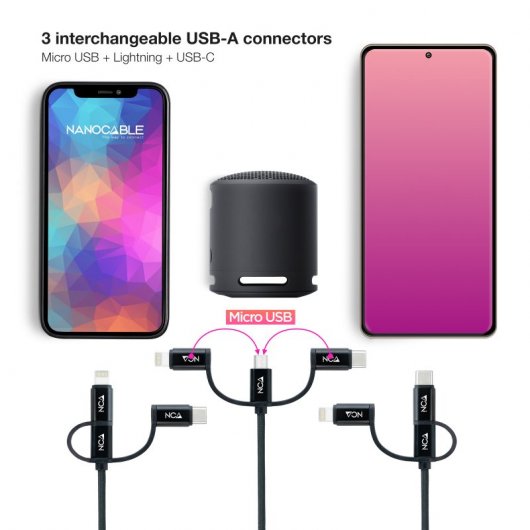 Nanocable Cable USB 3 en 1 Carga/Datos USB-A a USB-C/Micro USB/Lightning 1m Negro