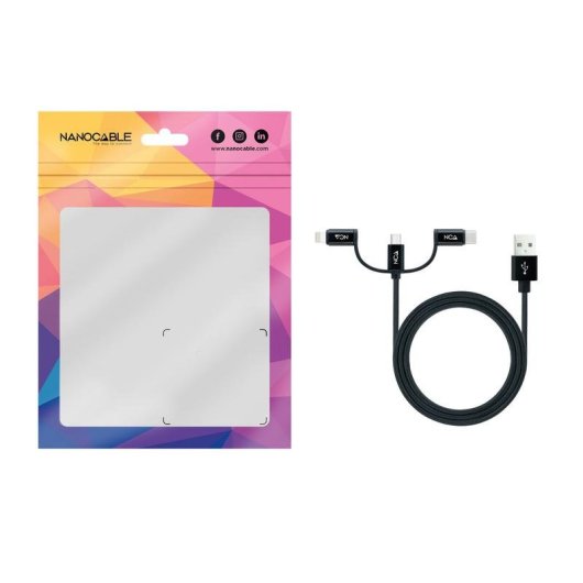 Cavo Nanocable USB 3 in 1 USB-A a USB-C Micro USB Lightning 1m Nero