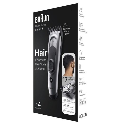 Tondeuse Homme Braun HC7390 sans Fil 17 Longueurs 50min 2 Sabots Lavable