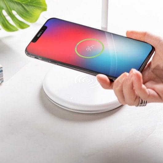 Klack Candeeiro de Mesa com Carregador Qi e Altifalante Bluetooth Branco