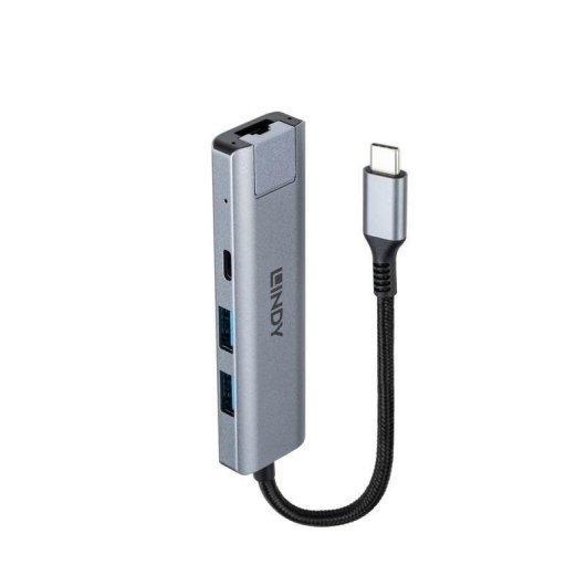 Lindy Hub USB 3.2 Gen 2 aluminio gris 4 puertos 10 Gbps con Ethernet tipo C y A