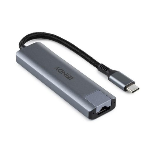 Lindy Hub USB 3.2 Gen 2 aluminio gris 4 puertos 10 Gbps con Ethernet tipo C y A