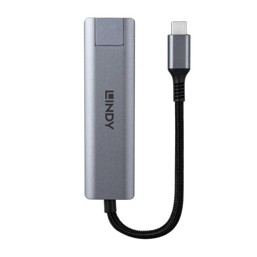 Lindy Hub USB 3.2 Gen 2 aluminio gris 4 puertos 10 Gbps con Ethernet tipo C y A