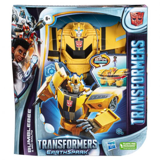 Transformers - EarthSpark, action figure di Bumblebee Spin Changer con action figure di Mo Malto