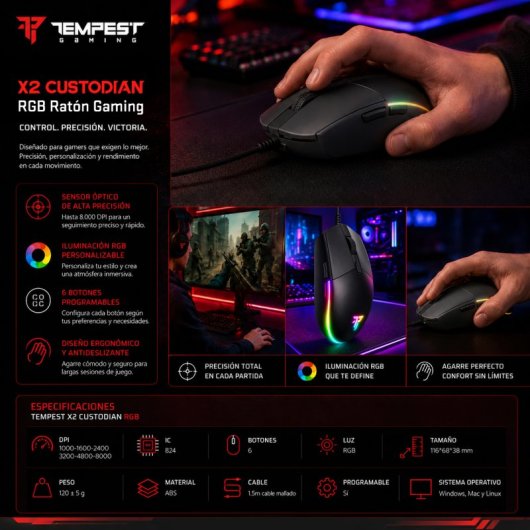 Mouse da gioco Tempest X2 Custodian RGB 8000 DPI Nero