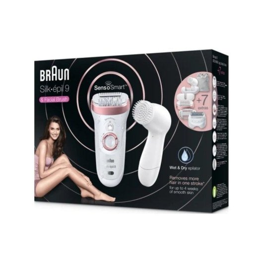 Braun Silk-épil 9 SensoSmart 9/880 Depiladora Blanca/Rosa + 7 Accesorios + Cepillo Limpieza Facial