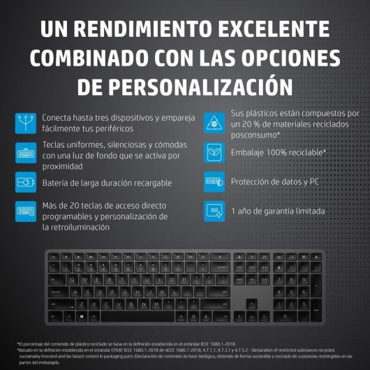 HP 975 Teclado Inalámbrico Bluetooth/USB con Batería Recargable Negro