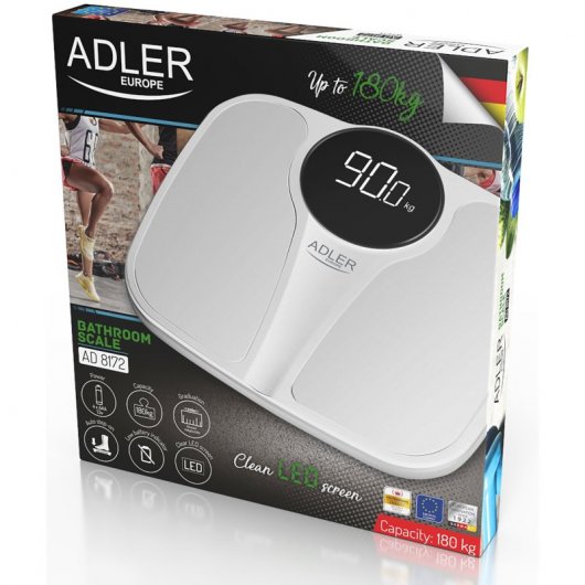 Bilancia pesapersone digitale Adler Ad8172w, alta precisione 180 kg, display a LED, spegnimento automatico, Antide