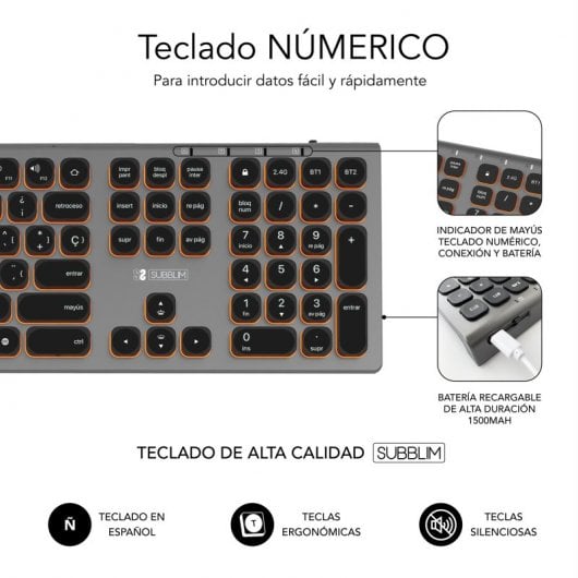 Subblim Master Teclado Inalámbrico Multidispositivo Retroiluminado Gris/Negro